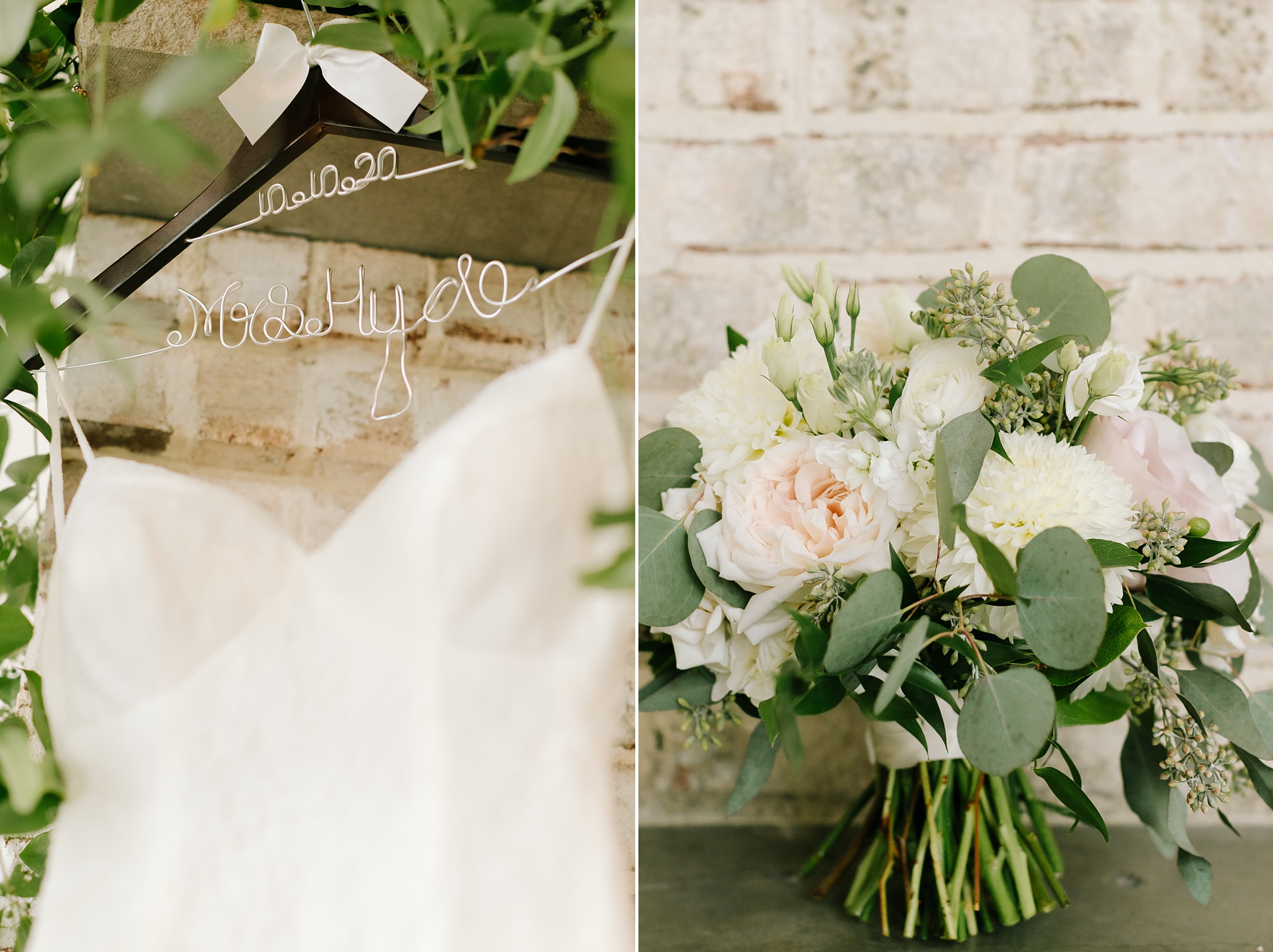 bride's dress and bouquet for fall Wrightsville Manor wedding