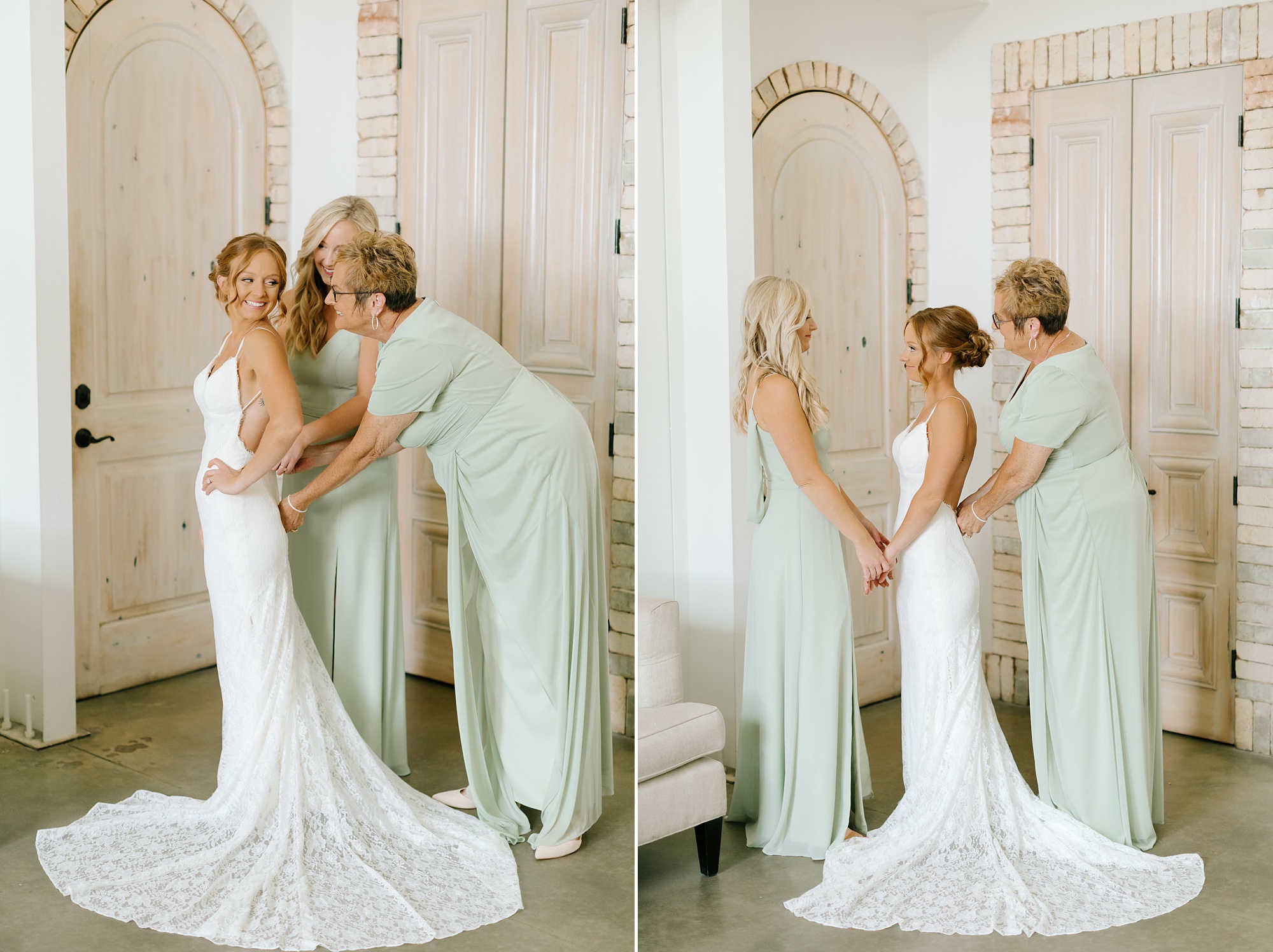 bride's mother and sister help her with wedding gown