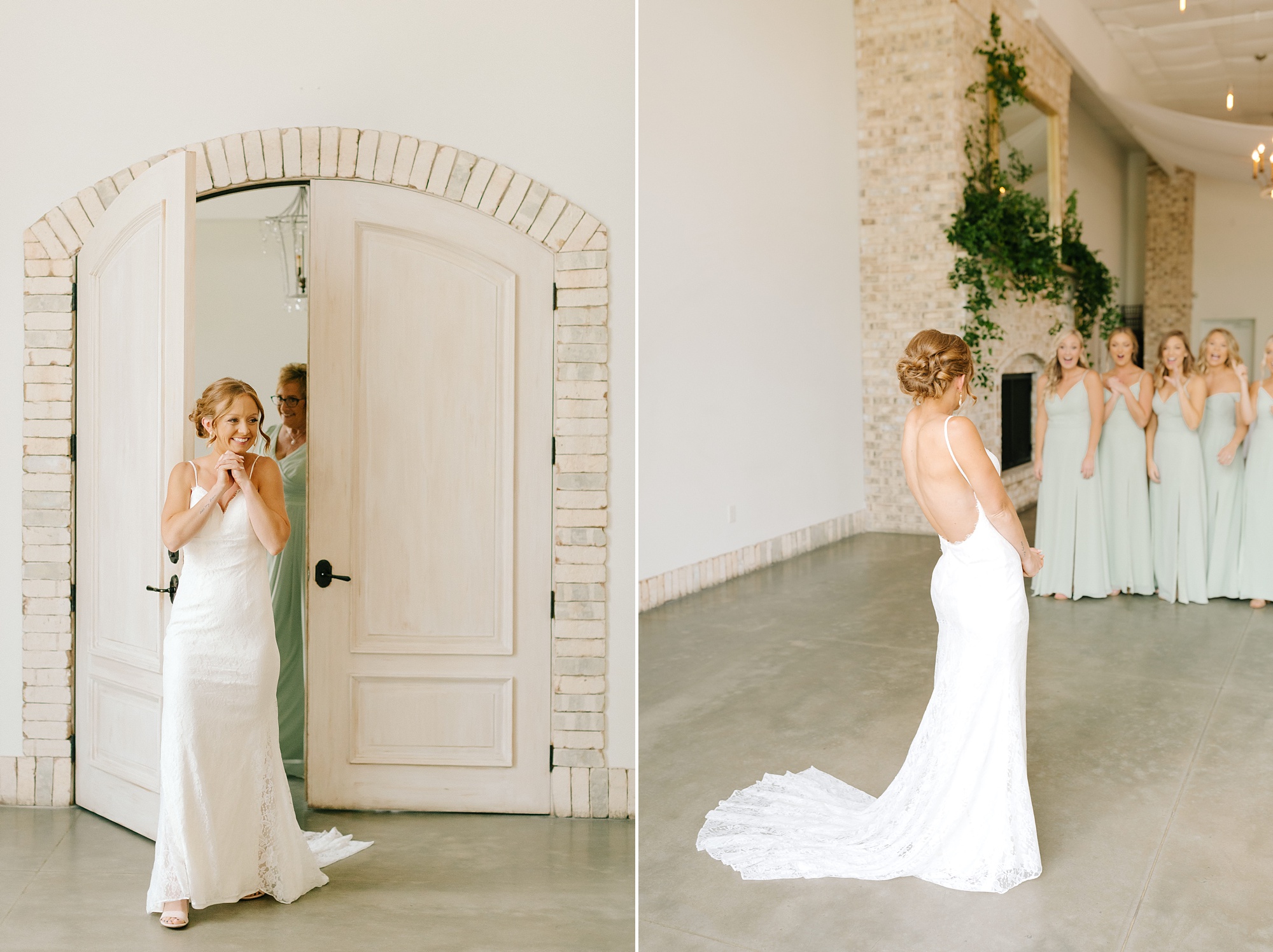 bride's first look with bridesmaids in Wrightsville Manor