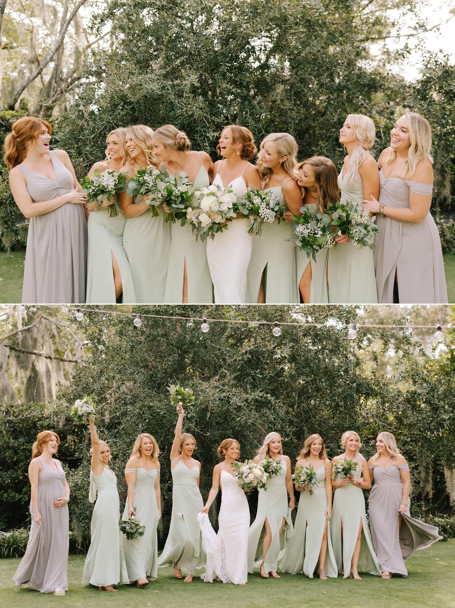 bride and bridesmaids laugh during NC wedding day 