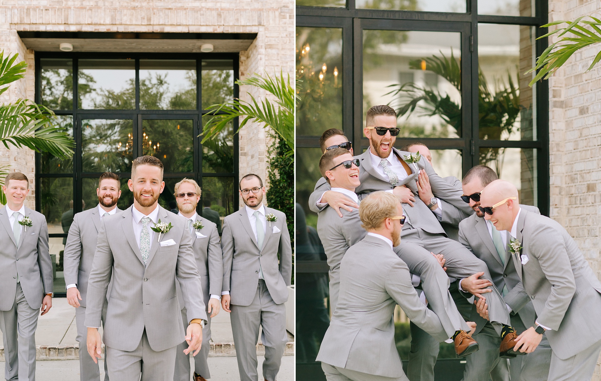 groomsmen goof off and lift groom before NC wedding