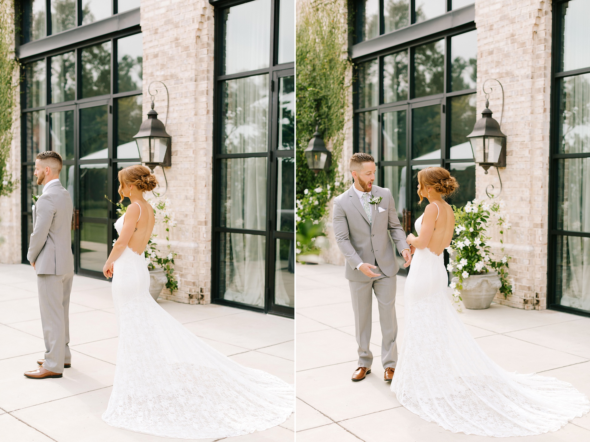 bride and groom's first look on patio at Wrightsville Manor