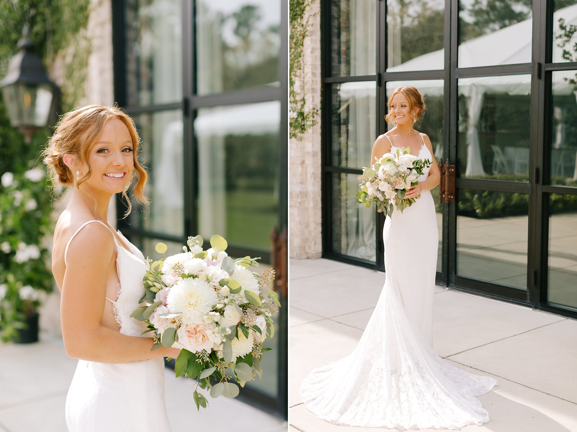 bride poses on patio at Wrightsville Manor with gown fanned out