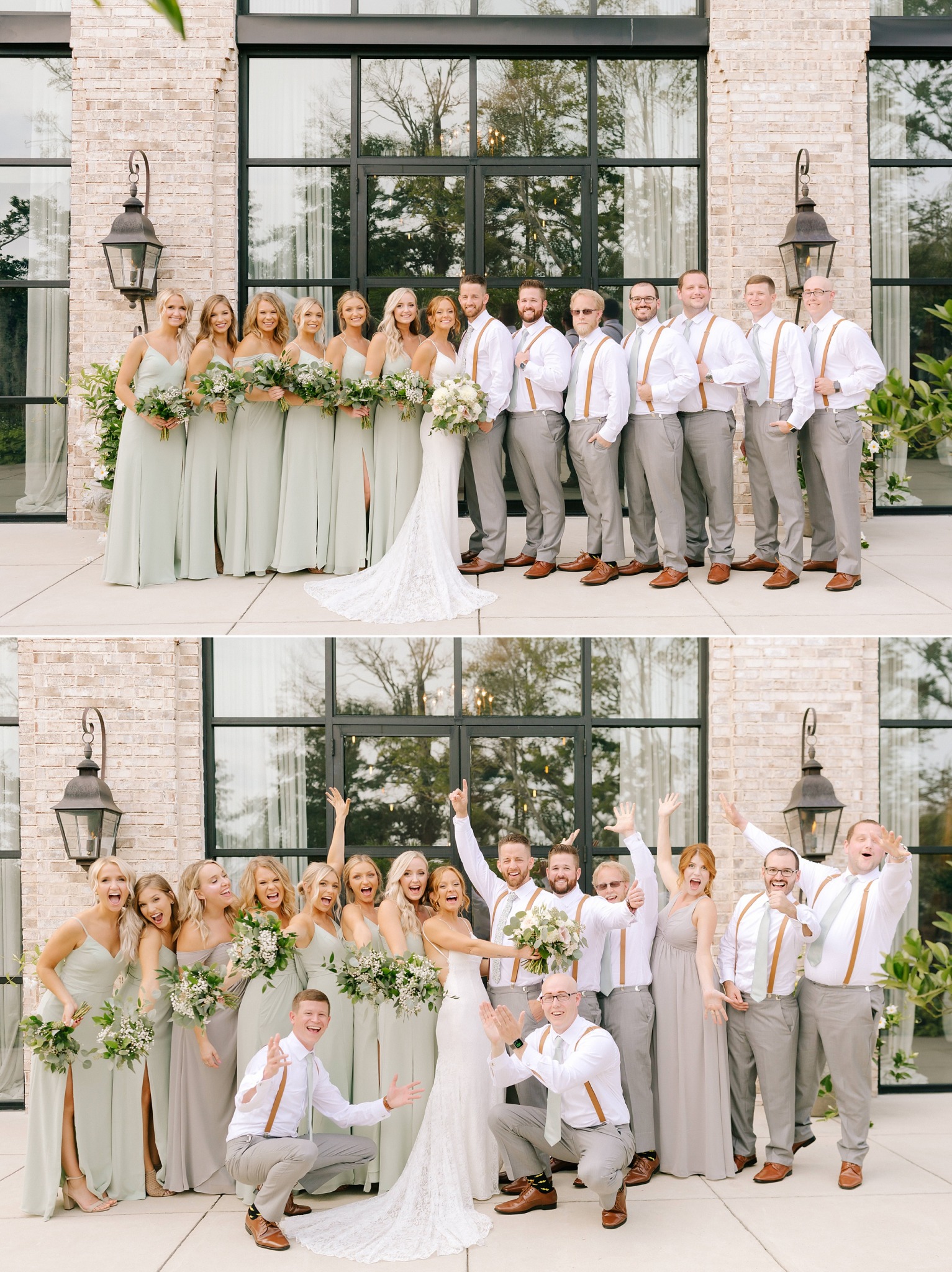 wedding party portraits on patio of Wrightsville Manor