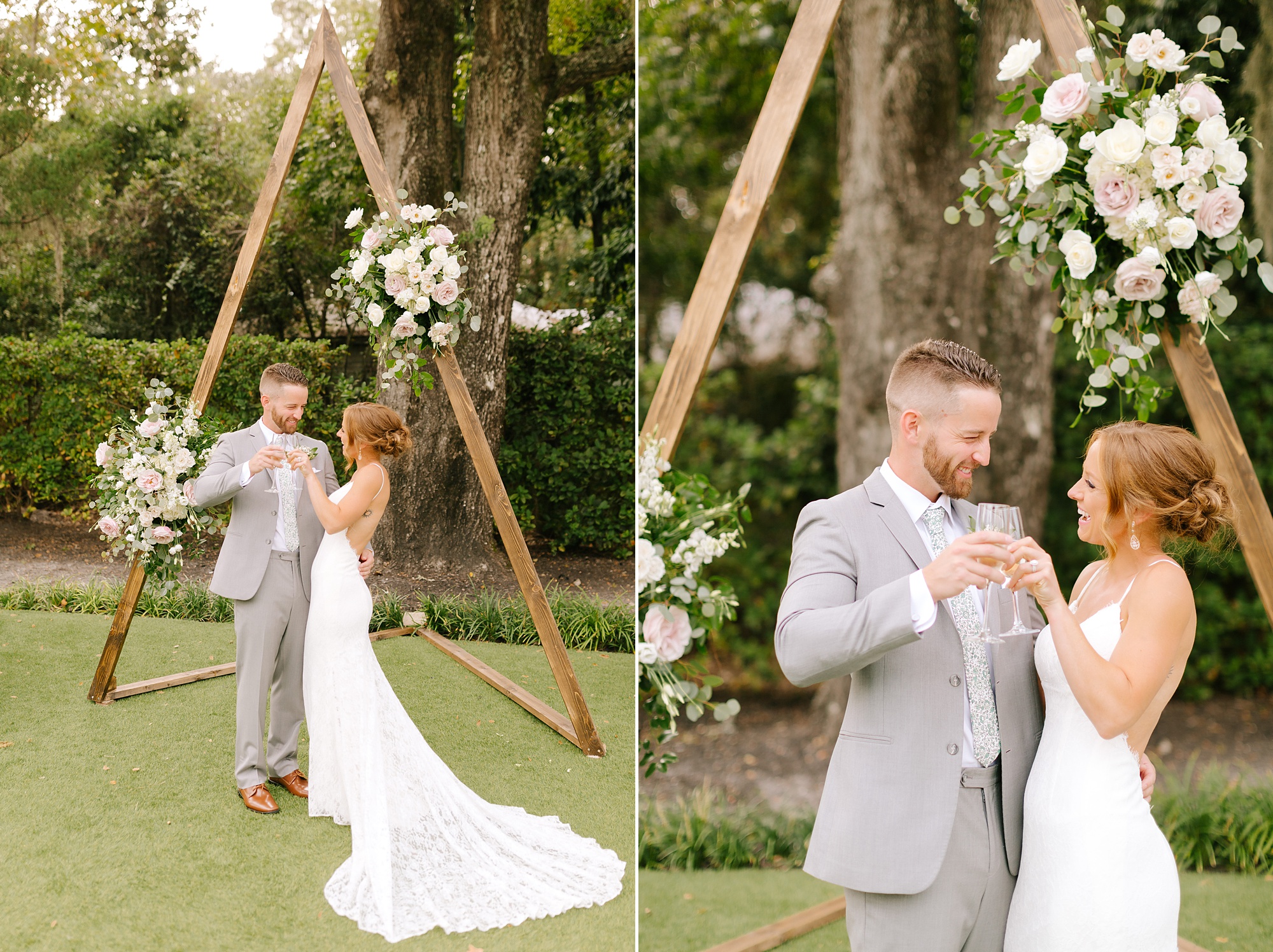 newlyweds toast champagne in front of arbor in Wrightsville Manor garden
