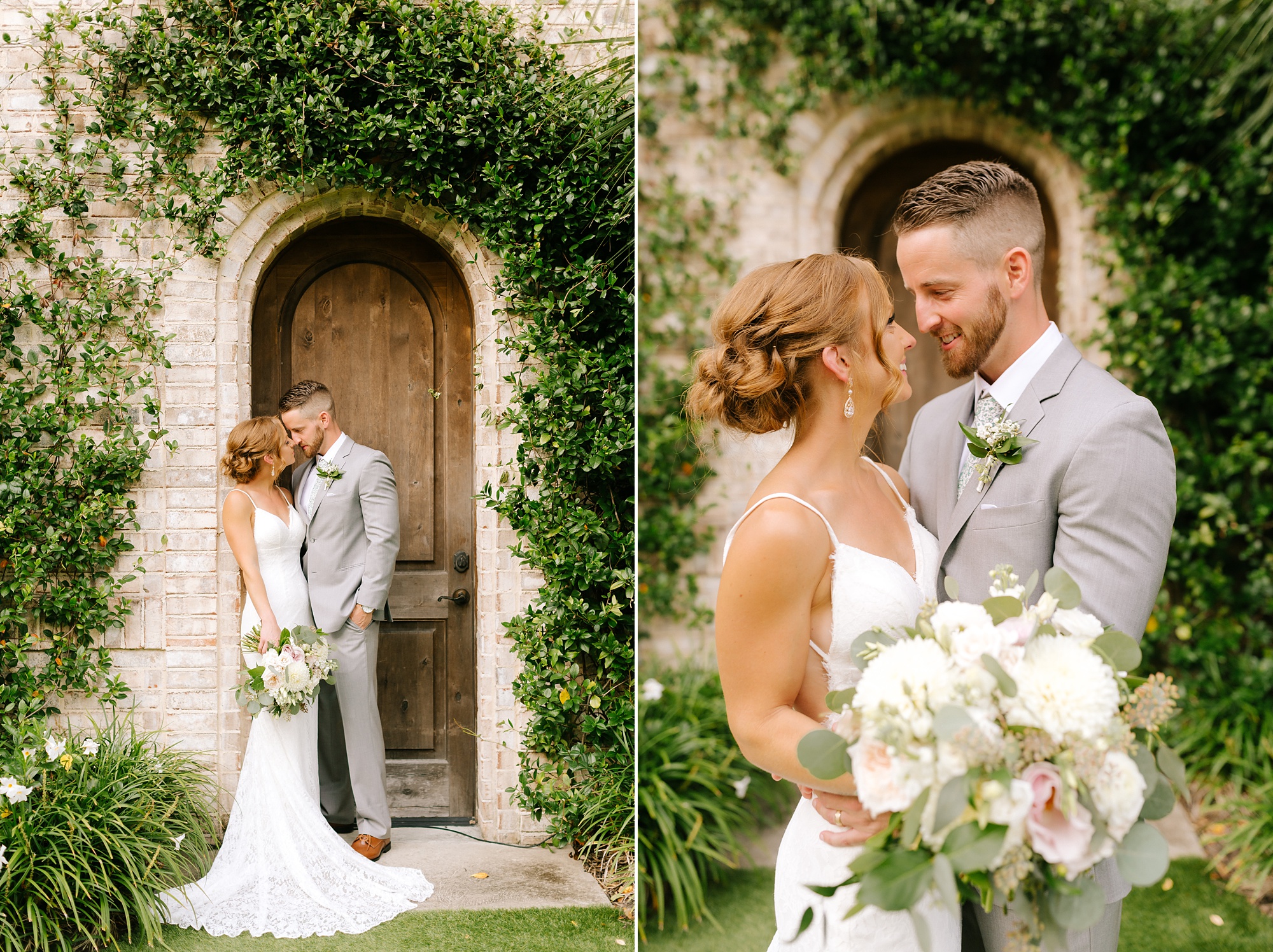 bride and groom kiss by wooden door with crawling ivy