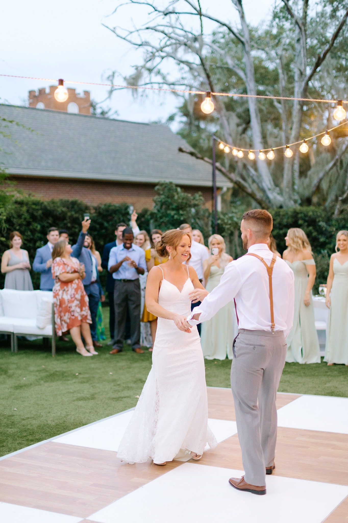 newlyweds first dance at garden wedding reception