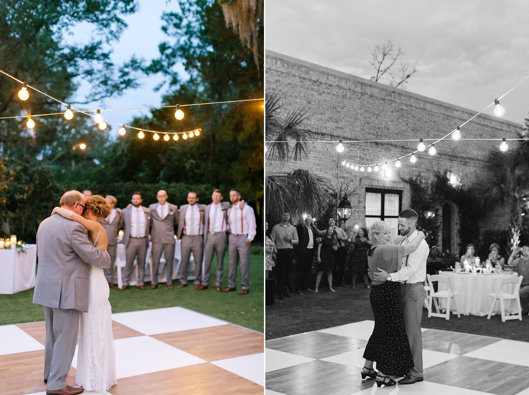 bride and dad dance on checkered dance floor during garden wedding reception