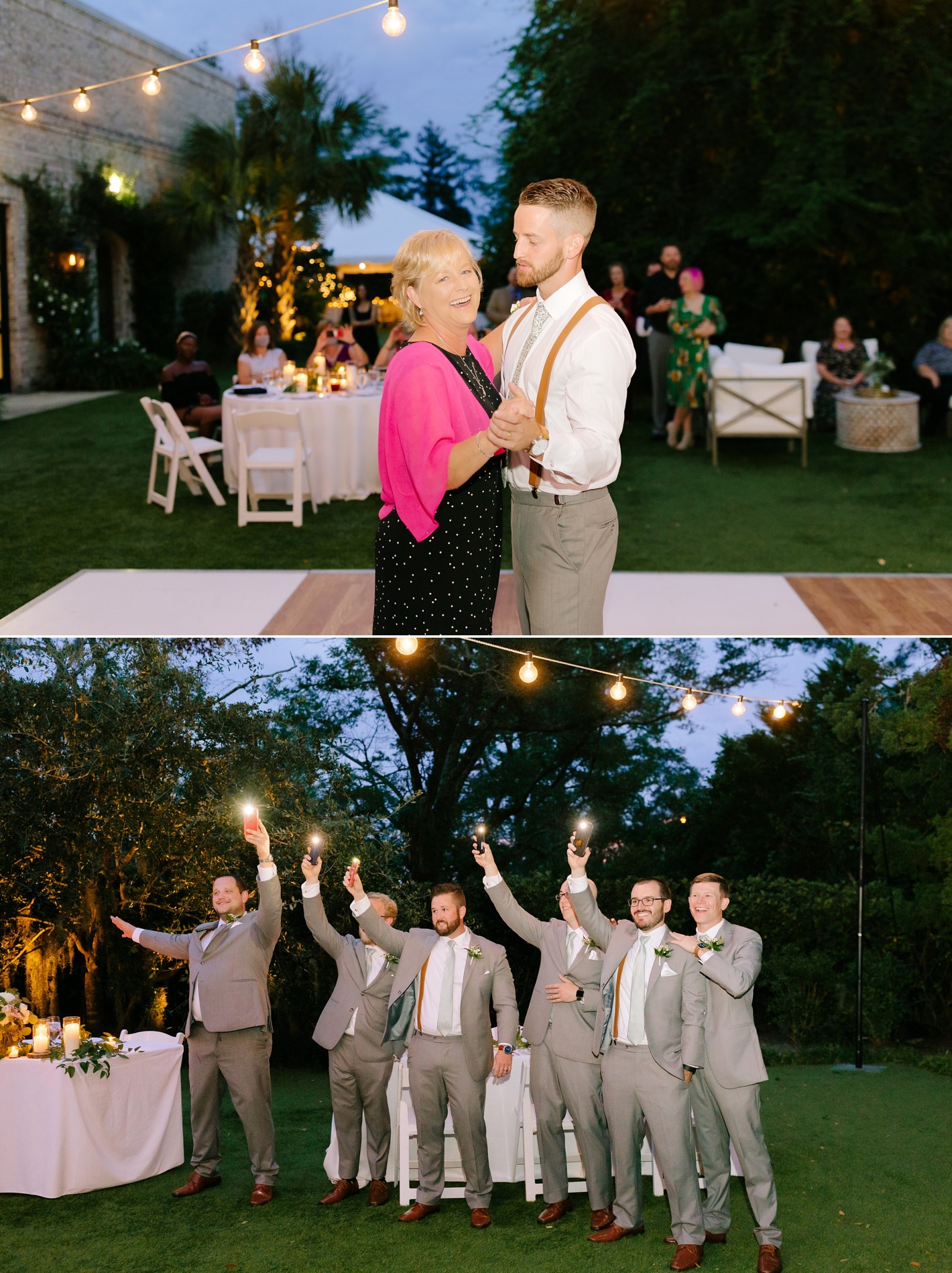 groom and mom dance during NC garden wedding reception