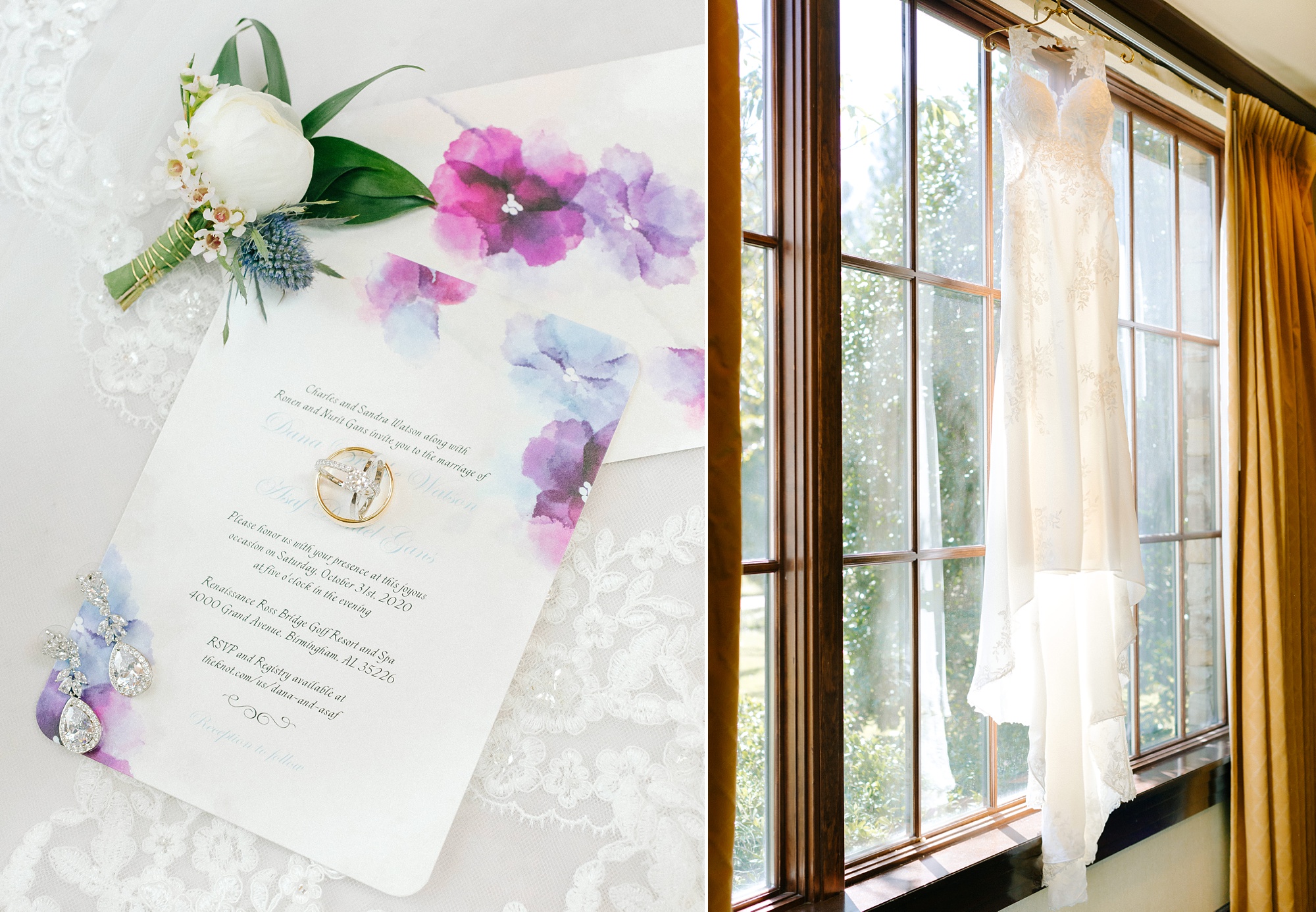 bride's invitation and wedding dress hangs in Renaissance Ross Bridge