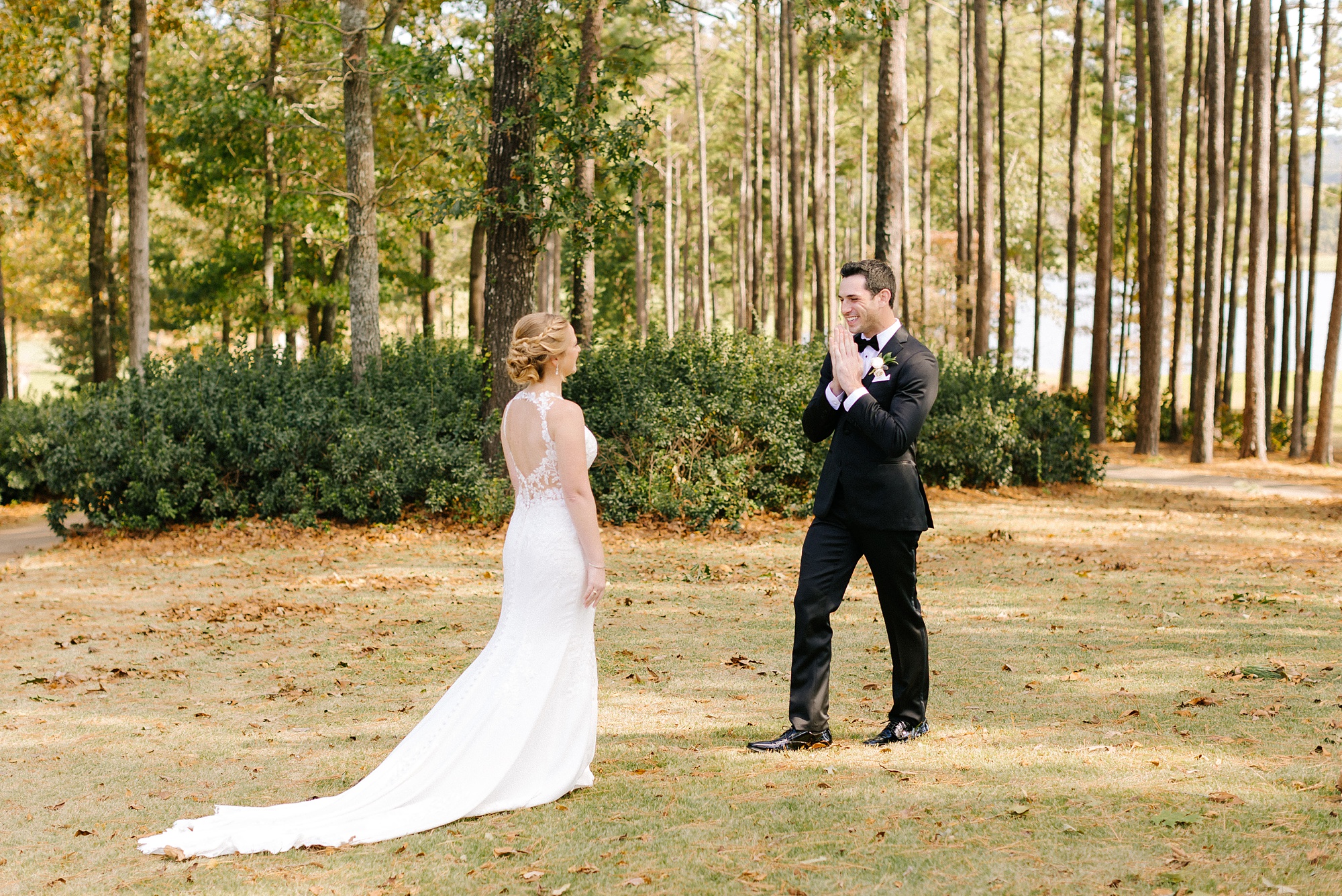 bride and groom have first look in Alabama