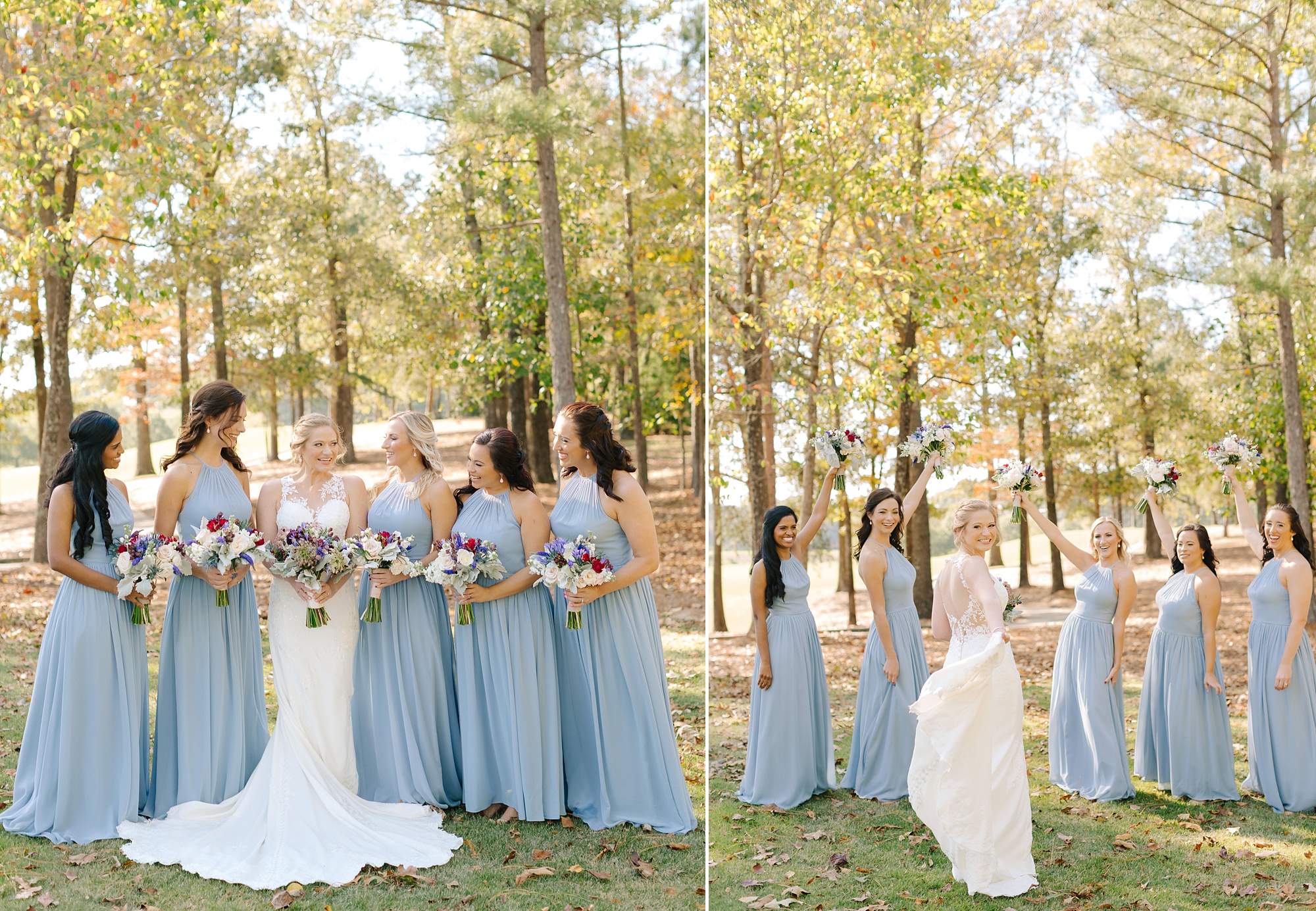 bride and bridesmaids in blue gowns pose in Alabama