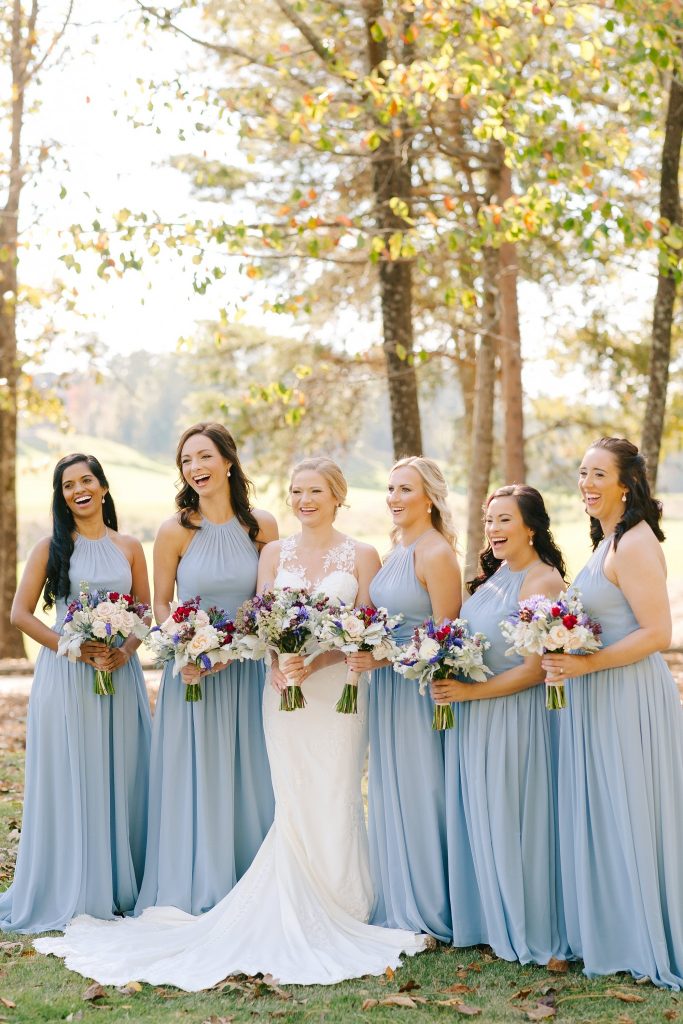 Renaissance Ross Bridge Wedding portraits of bride with bridesmaids in light blue