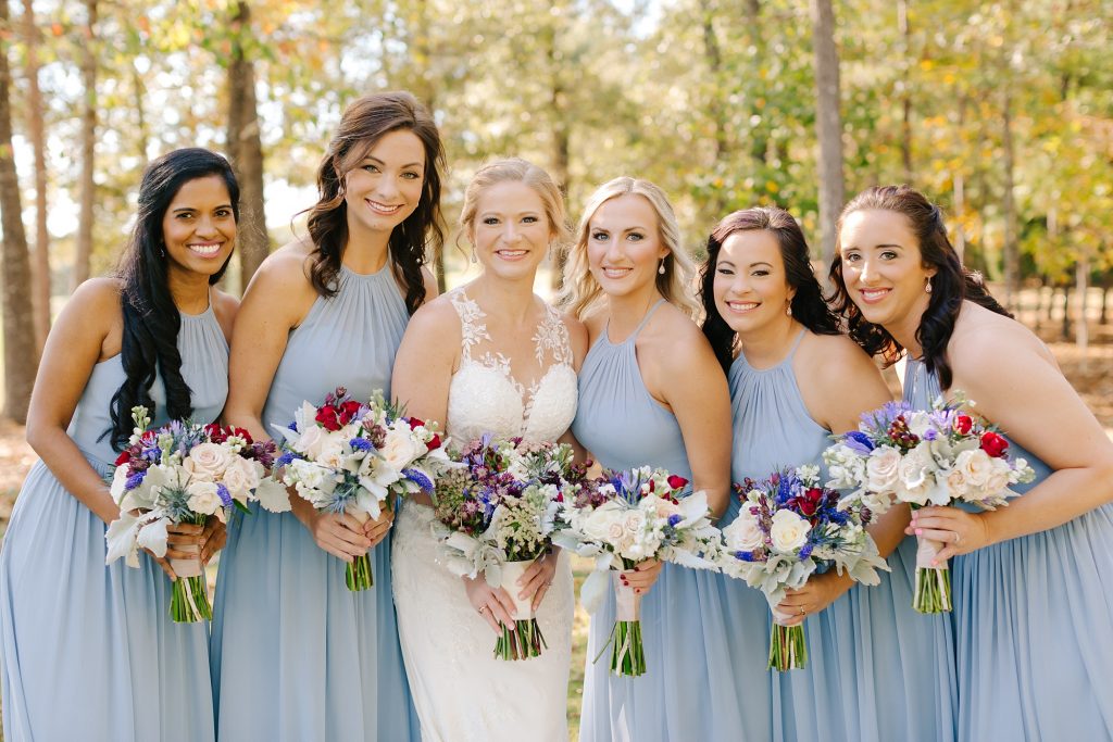 light blue bridesmaid gowns for fall wedding at Renaissance Ross Bridge
