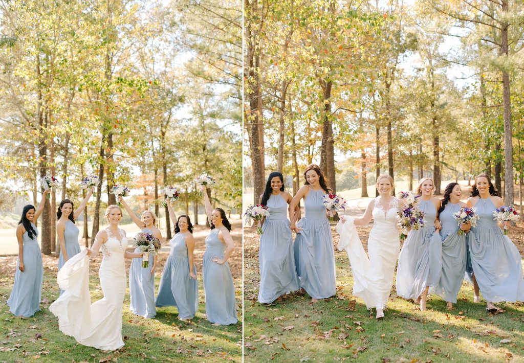 bridesmaids walk through woods in Birmingham AL