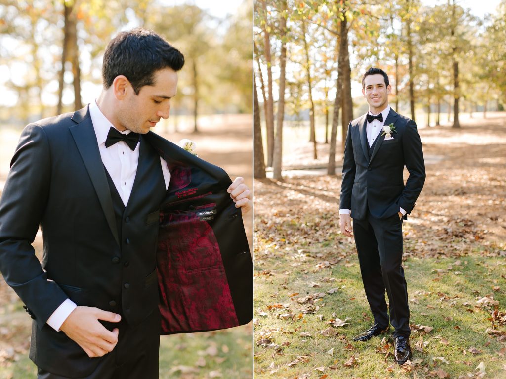 groom shows off custom tux for AL wedding