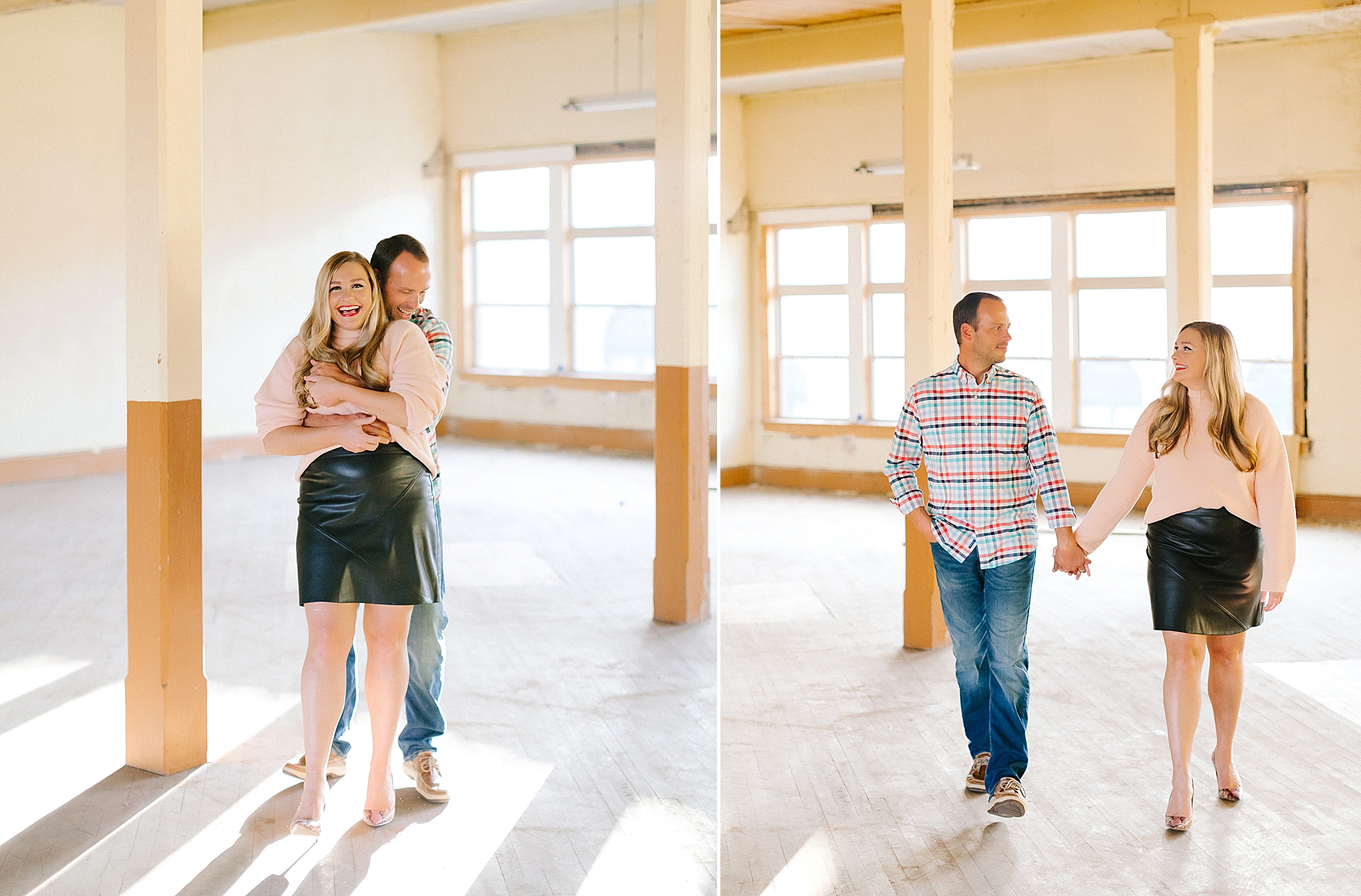 playful anniversary portraits in building of Downtown Winston-Salem