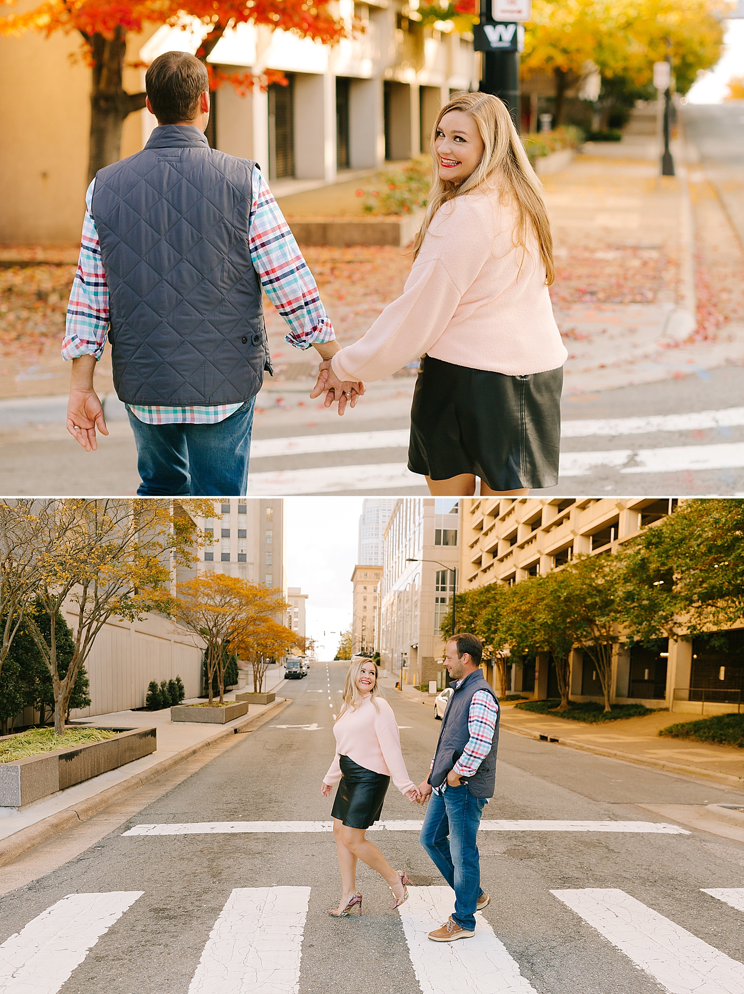 married couple walks through city for chic anniversary portraits
