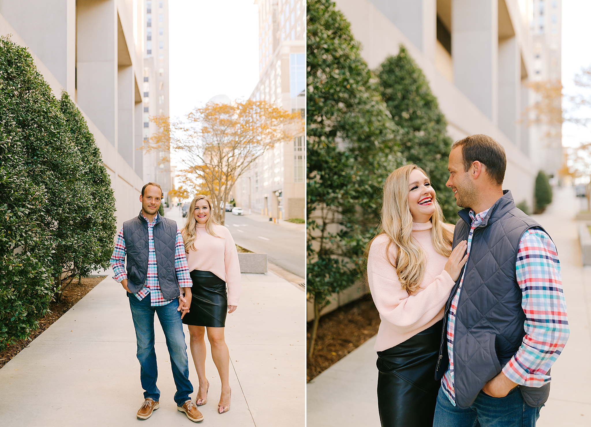 married couple poses during chic and stylish Downtown Winston-Salem anniversary session