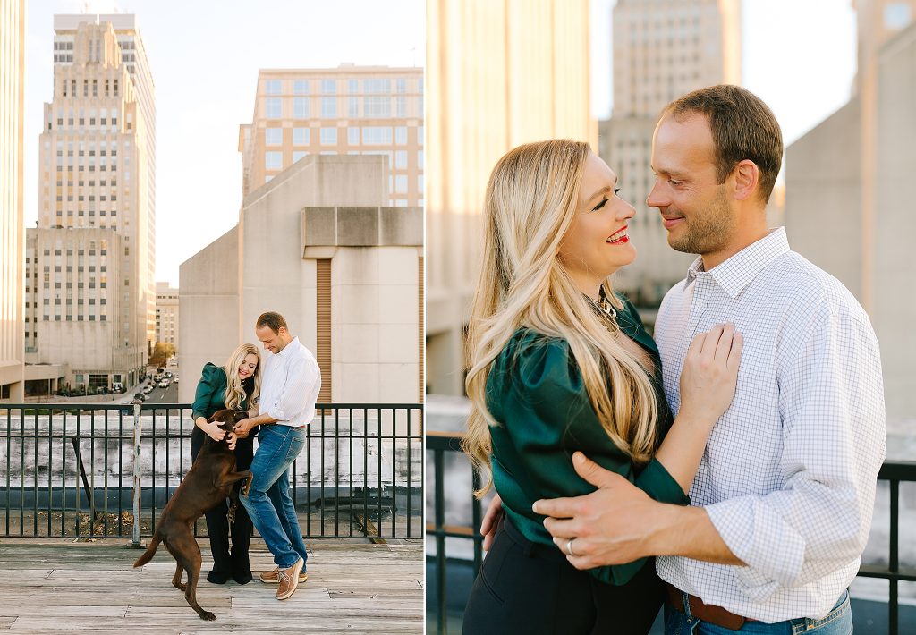 married couple poses with dog during Downtown Winston-Salem anniversary session