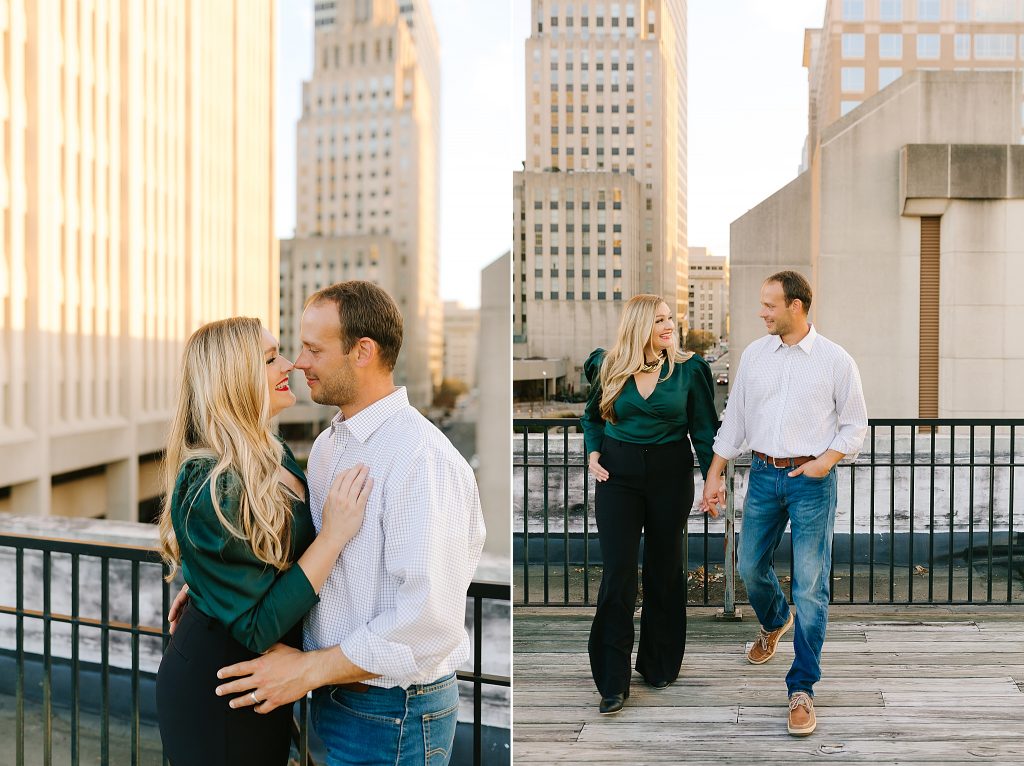 stylish rooftop city anniversary photos in Downtown Winston-Salem