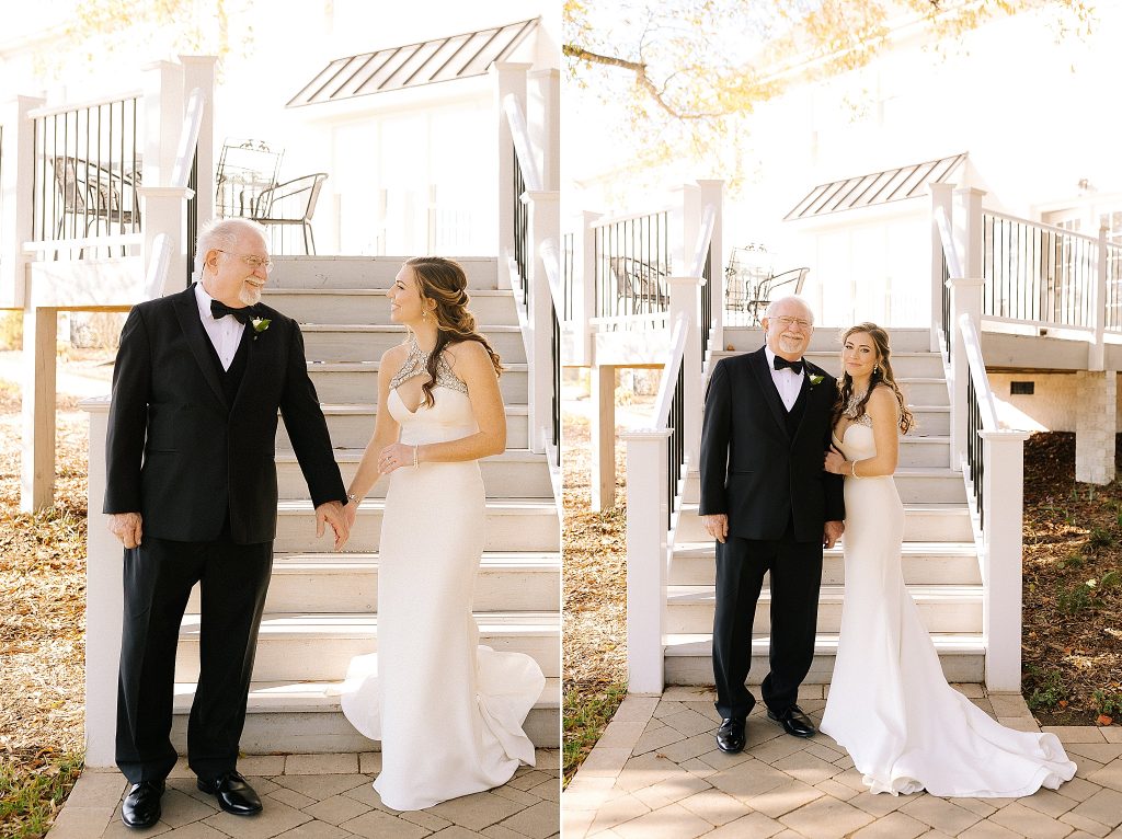 bride and father have first look off deck at The Meadows Raleigh