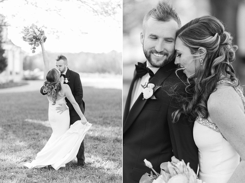 newlywed portraits of bride in modern dress and groom in tux
