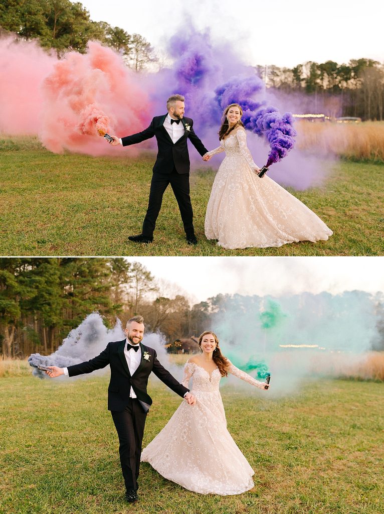 playful wedding portraits with smoke bombs at The Meadows Raleigh