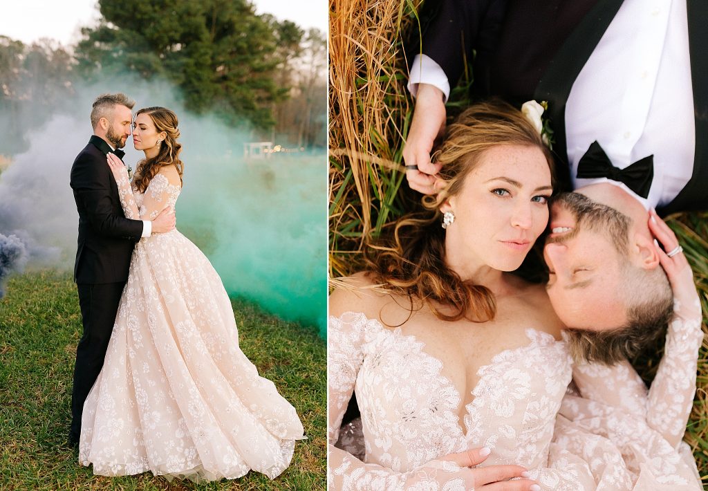 portraits of newlyweds in Raleigh NC with green smoke bomb