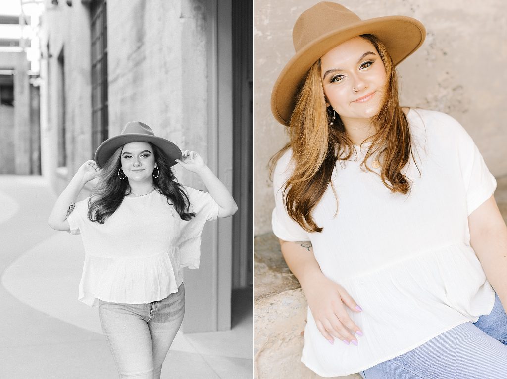 senior portraits in Downtown Winston-Salem with wide brimmed hat