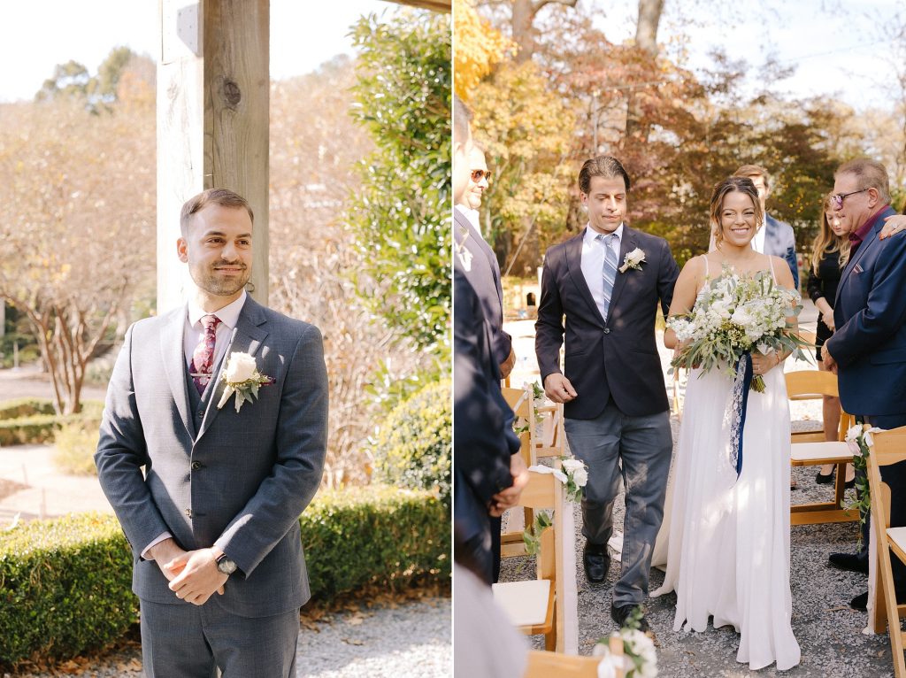 groom watches bride walk down aisle during intimate ceremony in Downtown Atlanta