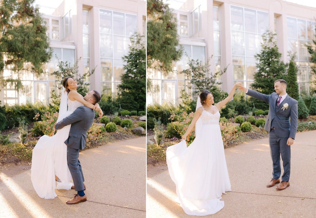 playful wedding portraits with modern wedding gown and bride and groom