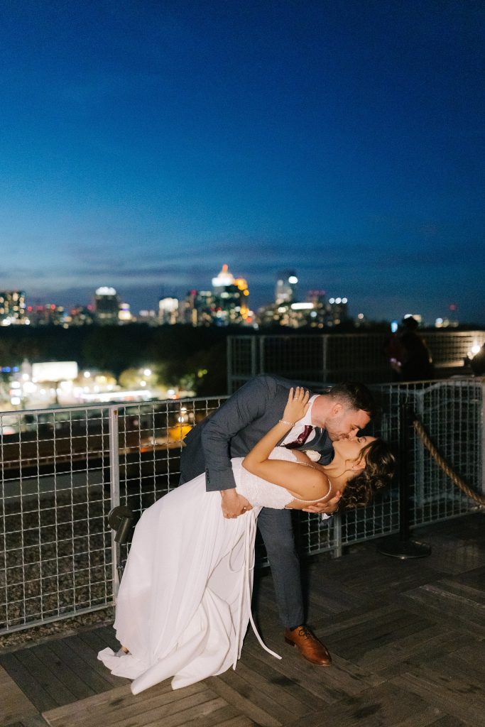 nighttime wedding portraits overlooking Downtown Atlanta at sunset