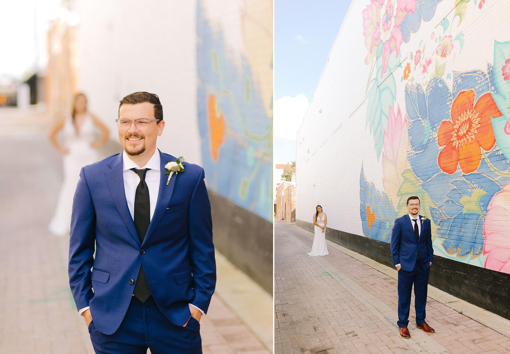 bride and groom have first look by colorful mural in Downtown Lakeland