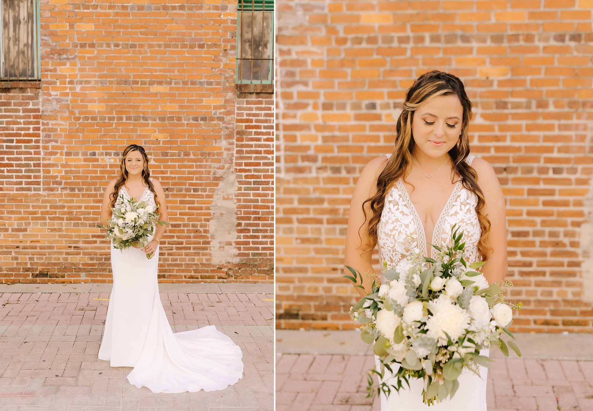 bridal portraits by brick wall in downtown Lakeland