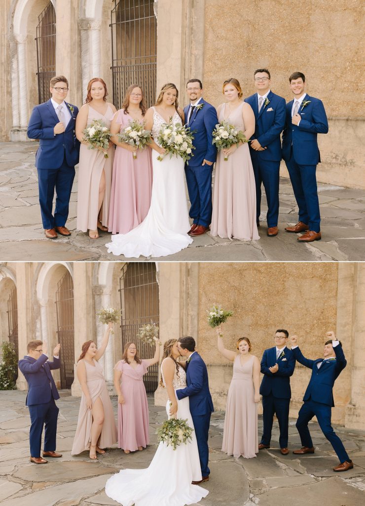 bride and groom pose with bridal party in pink and navy blue