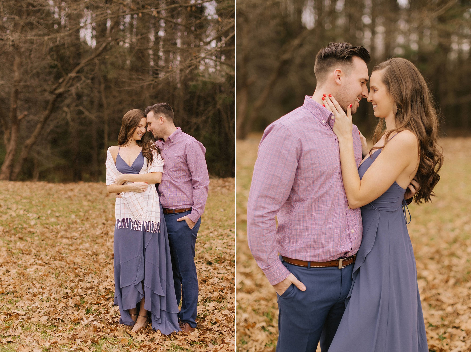 couple cuddles in field during fall engagement photos at Jetton Park