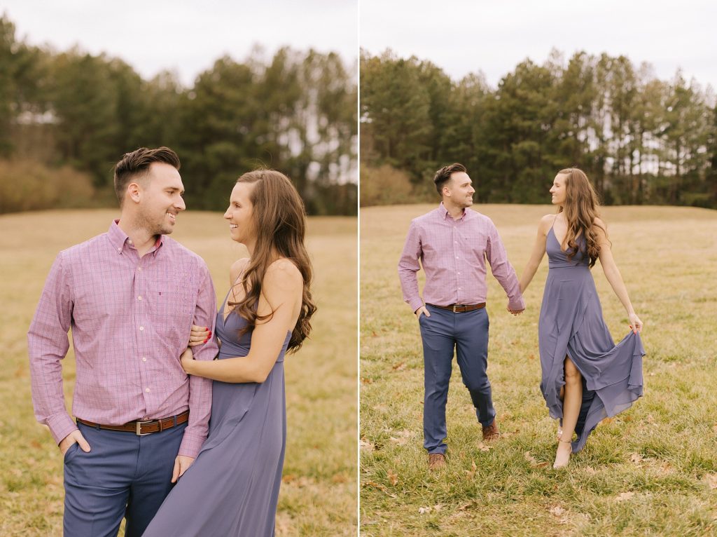 bride holds onto groom's arm during Jetton Park engagement photos