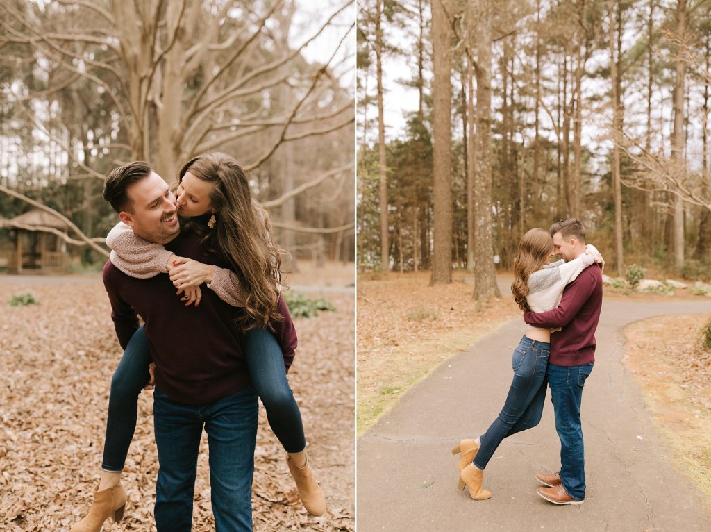 Jetton Park engagement session in the fall with bride in sweater
