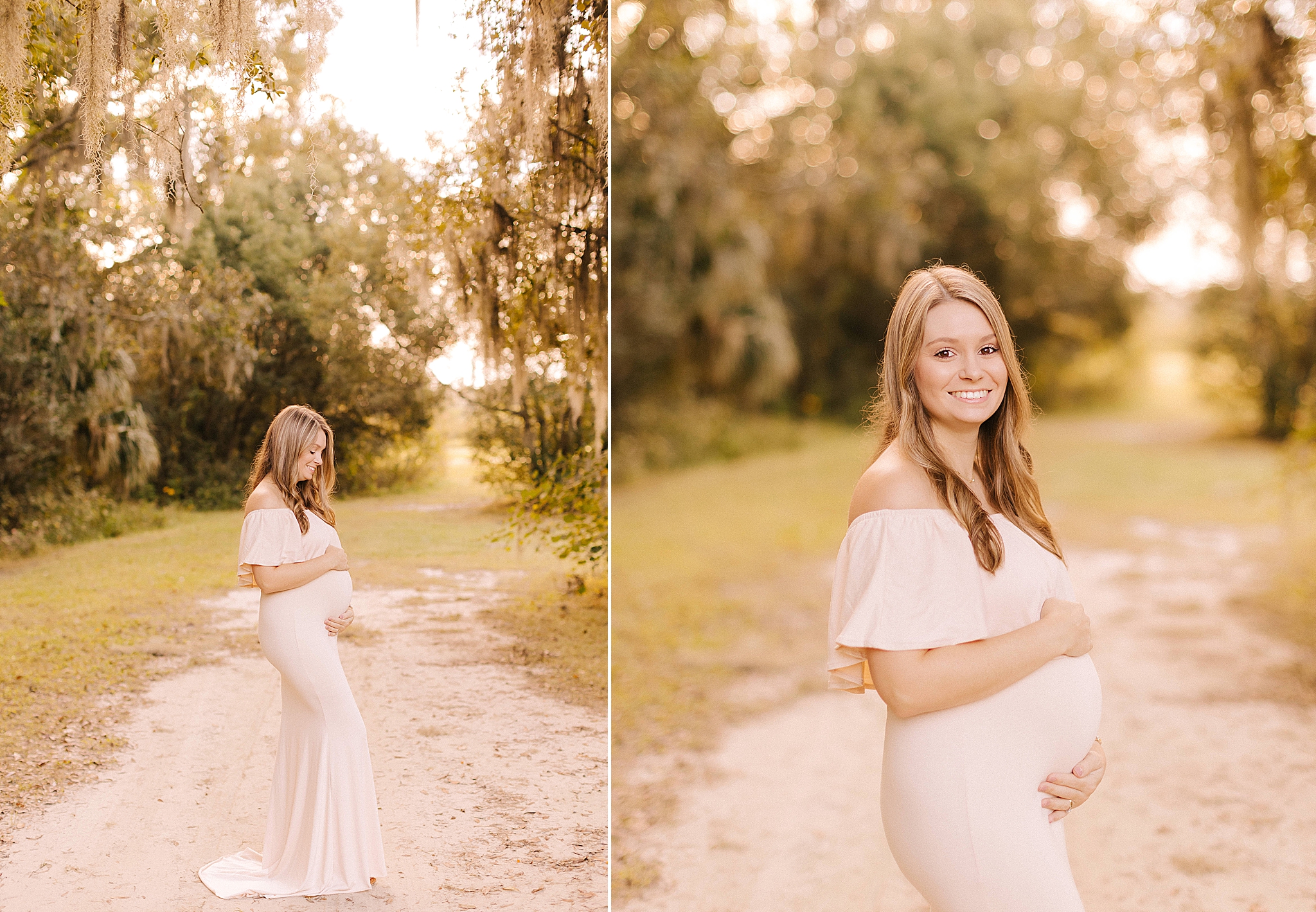 mom in pastel pink gown holds baby belly during Winston Salem maternity photos