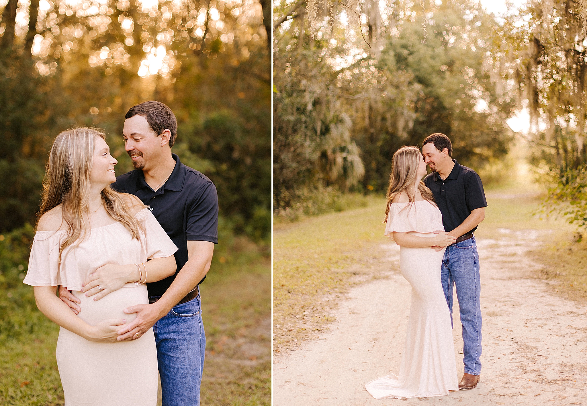 husband and wife hug during maternity session with hands on baby belly