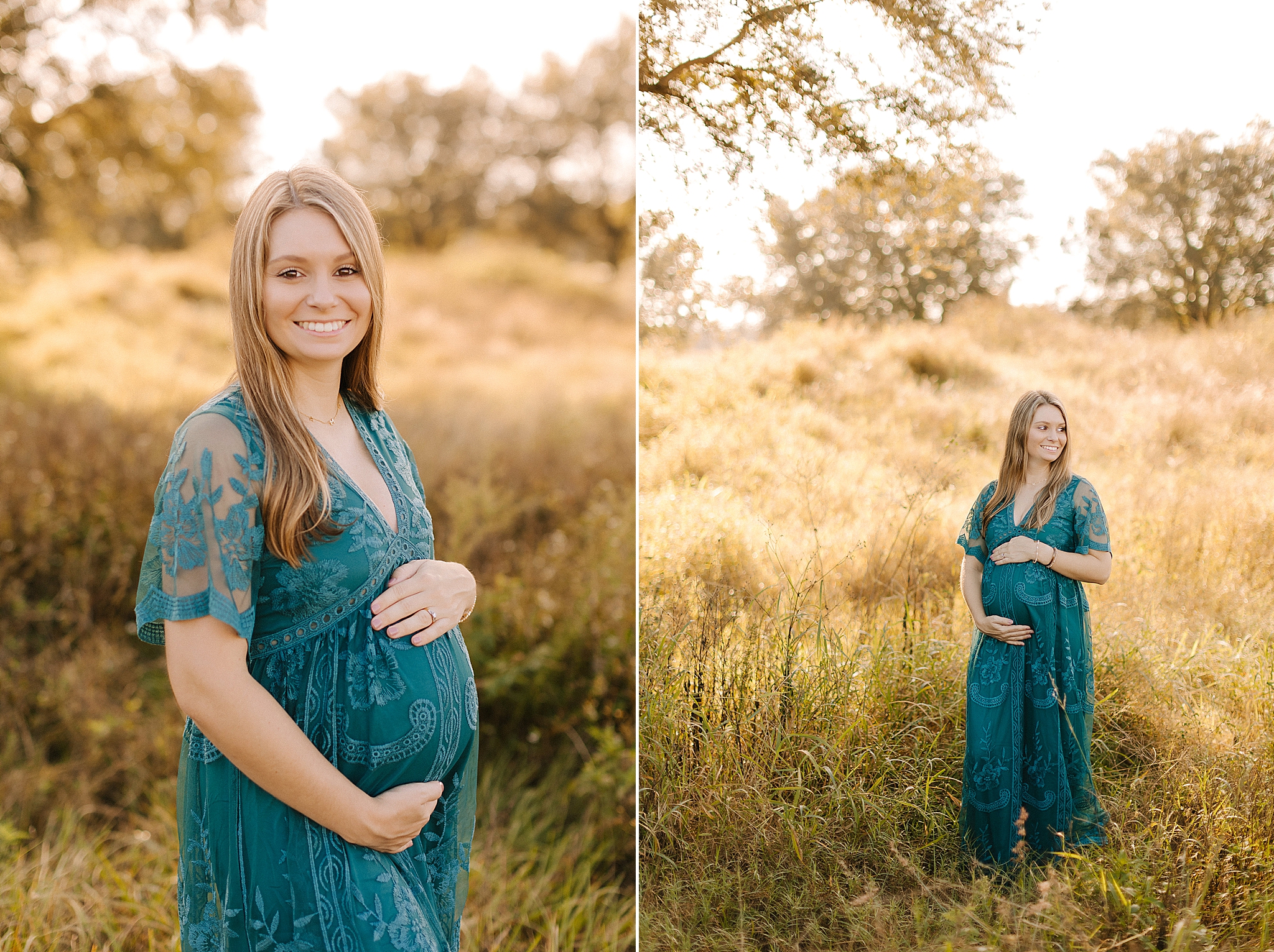 Winston Salem maternity photos in field with mom in teal gown holding baby belly