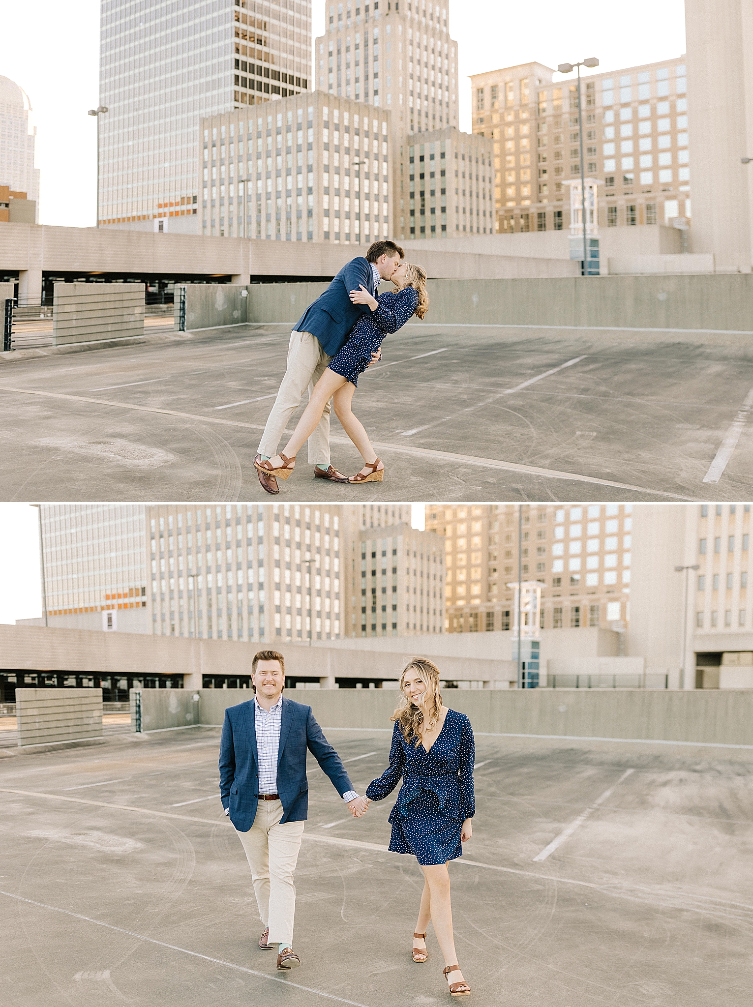 engage couple kisses on rooftop in Downtown Winston Salem