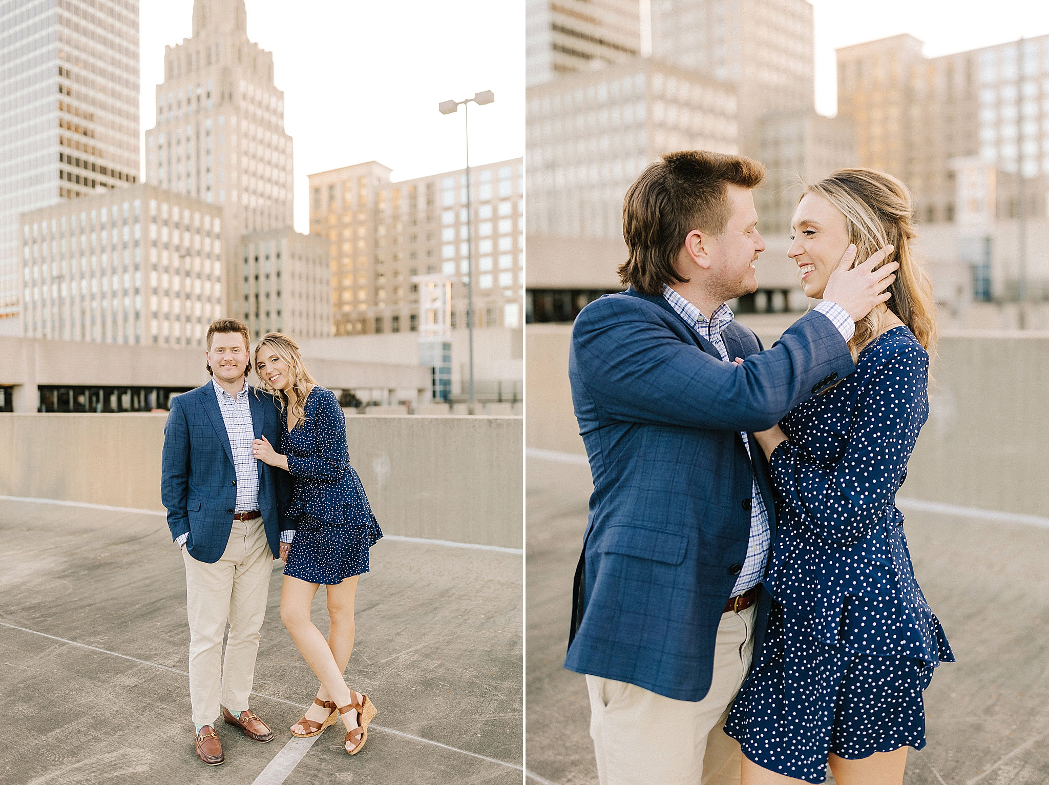 playful engagement session on rooftop in Downtown Winston Salem