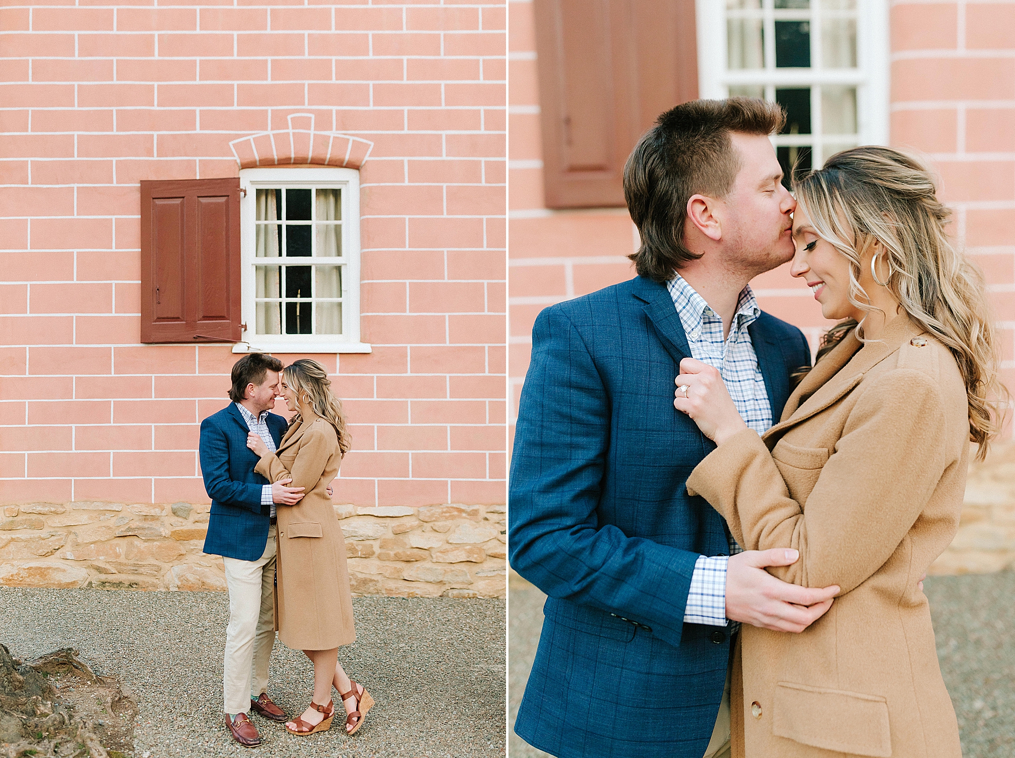 engaged couple poses by pink building in winston salem