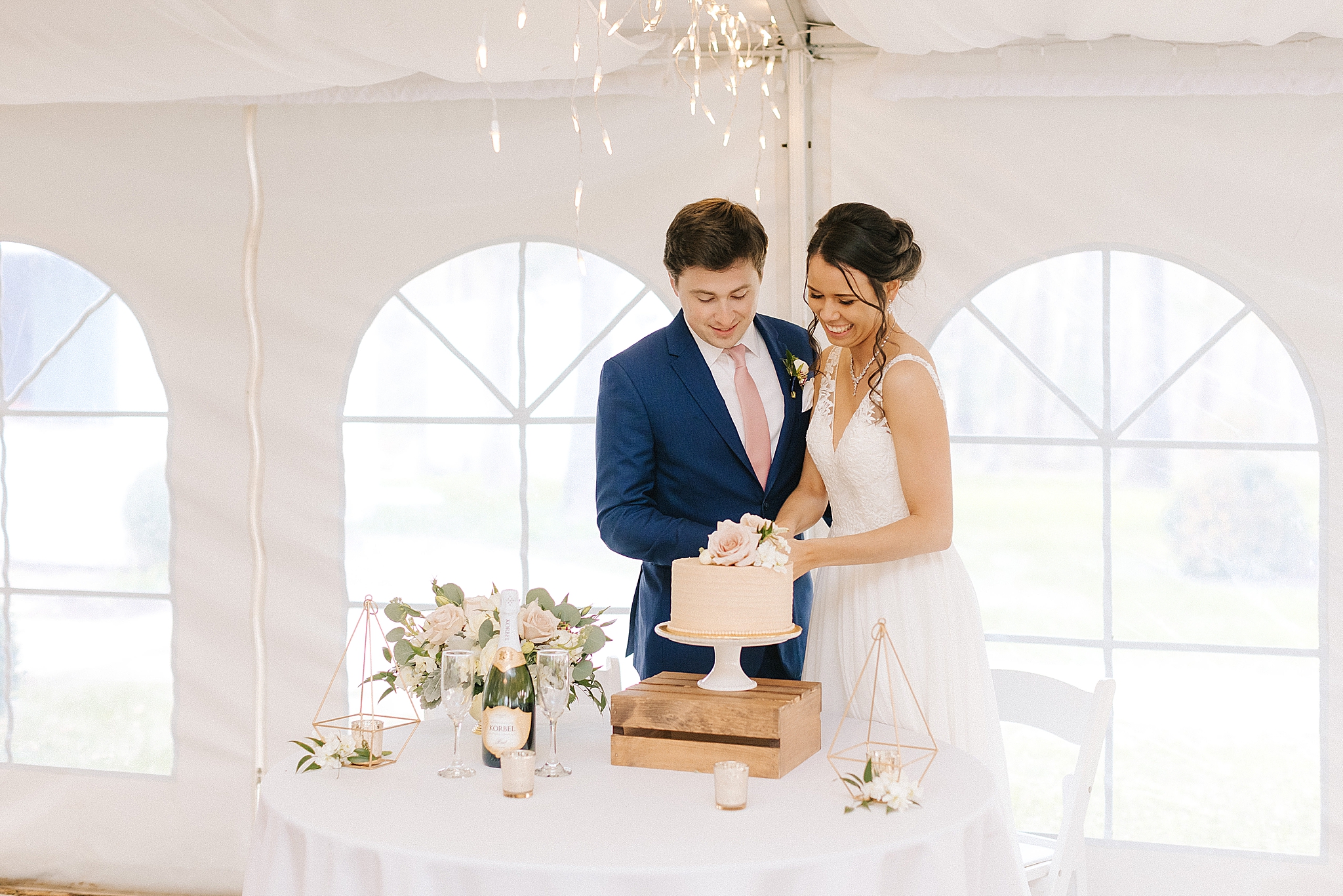 bride and groom cut wedding cake during tented reception