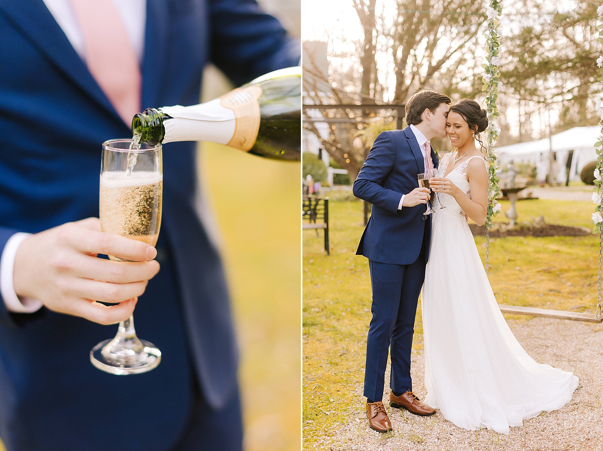 groom pours champagne for bride