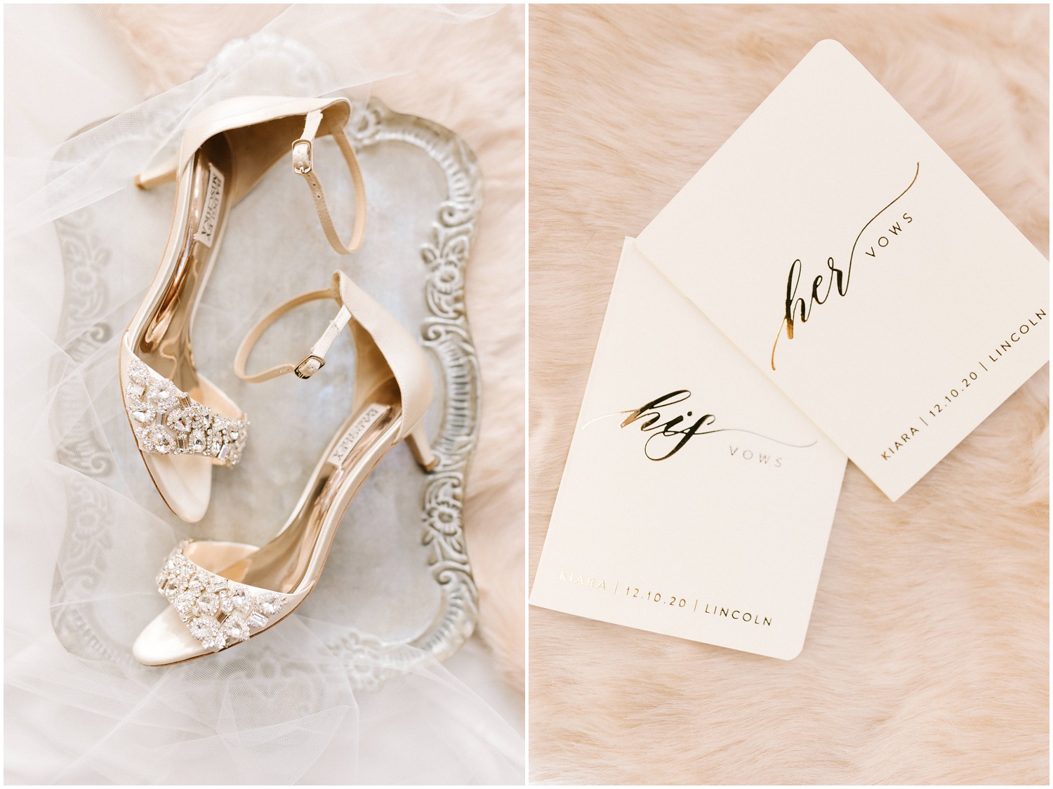 A photo of bridal shoes and wedding vow books at The Barn at Valhalla in Raleigh, NC