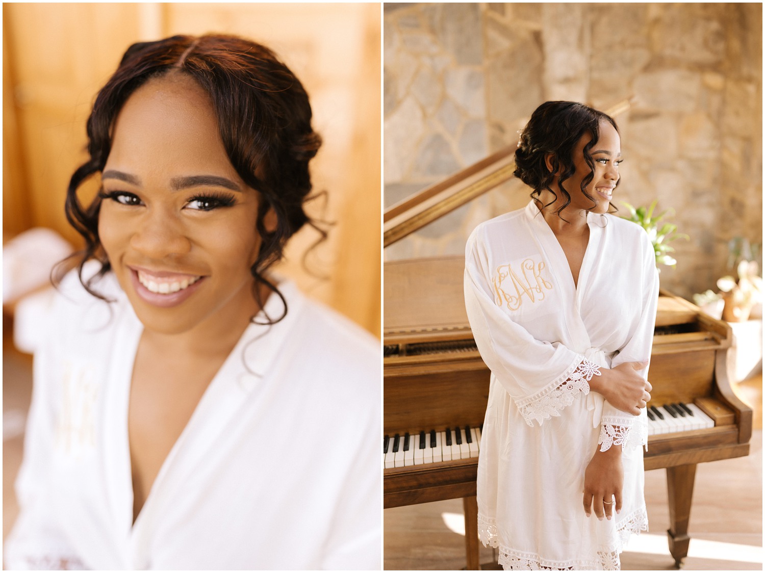 Bride in the robe with hair and makeup done in Raleigh, NC