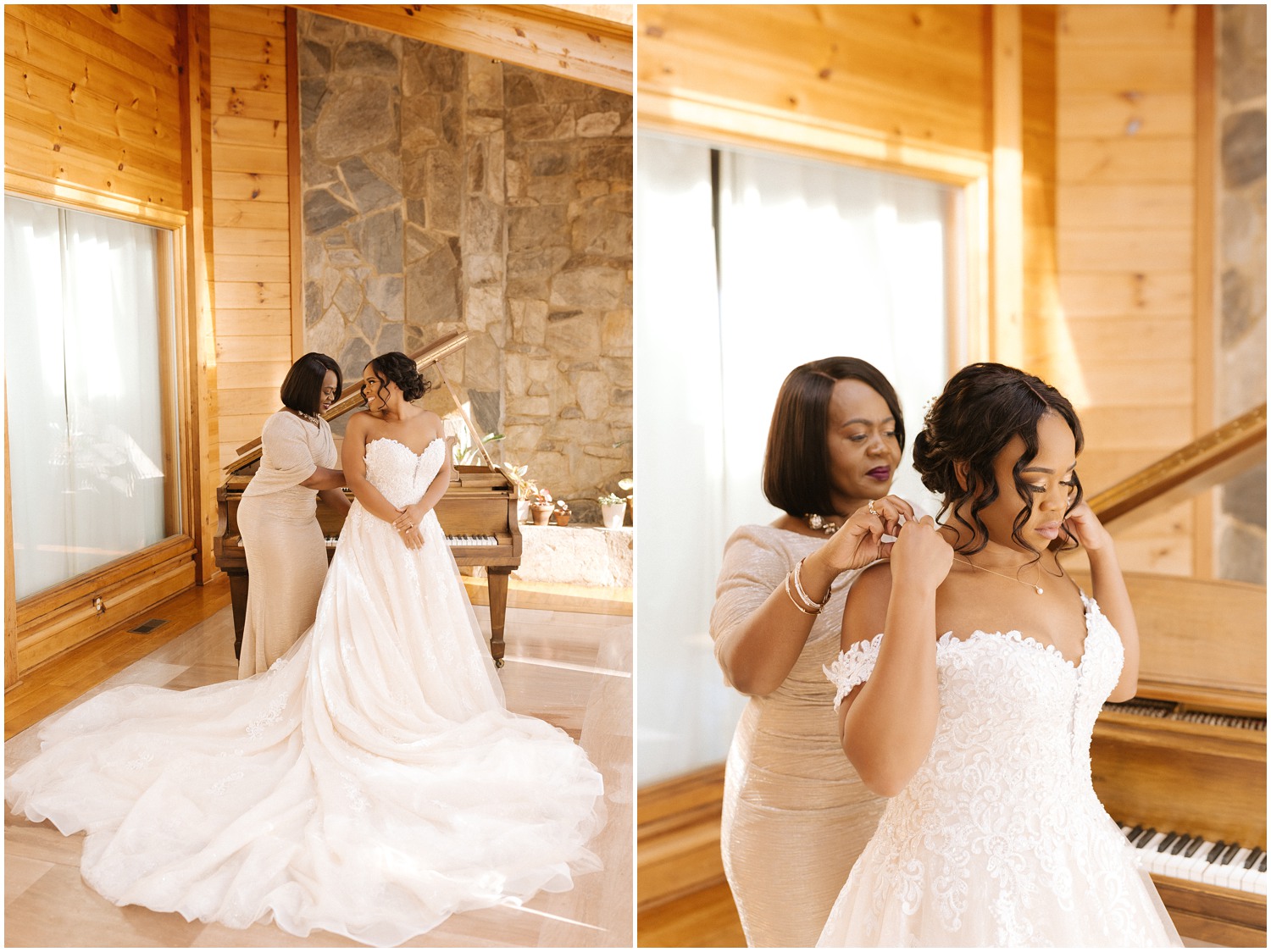 Brides mother helping her into her dress on wedding day